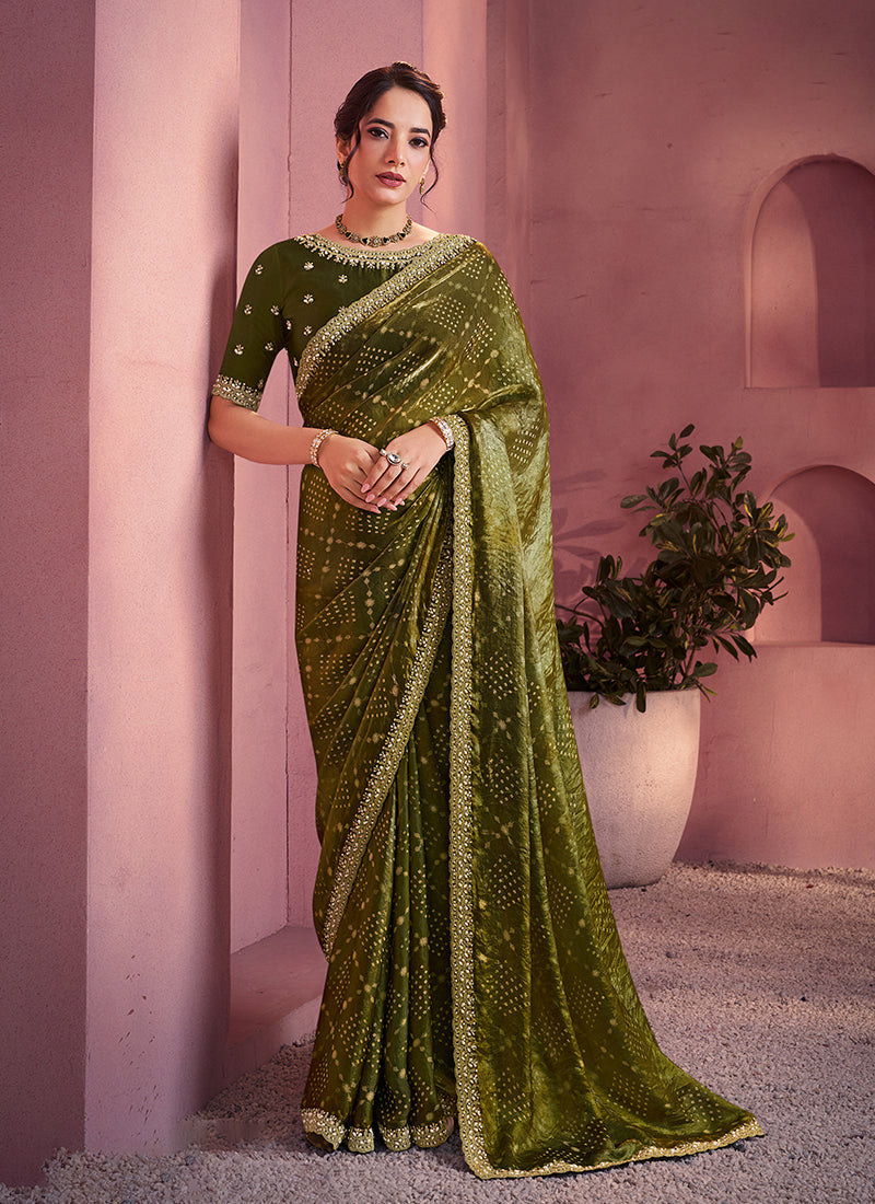 Olive Green Embroidery Satin Silk Saree