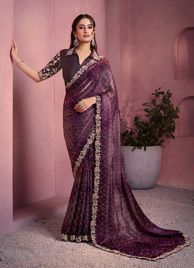 Mauve Purple Embroidery Satin Silk Saree