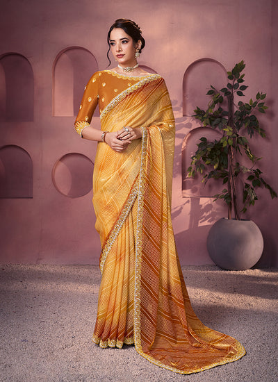 Yellow Ombré Embroidery Satin Silk Saree