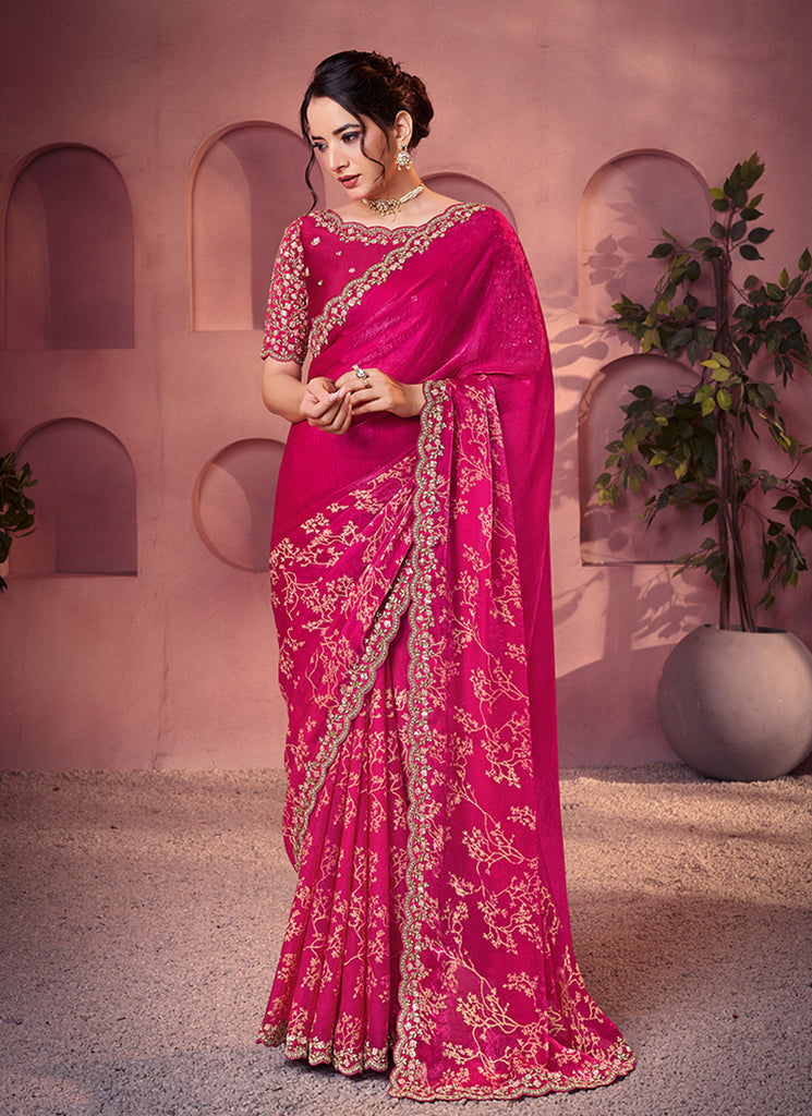 Magenta Multi Embroidery Satin Silk Saree