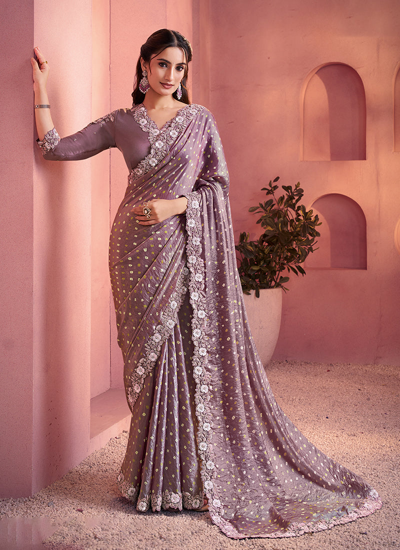 Dusty Lavender Embroidery Satin Silk Saree