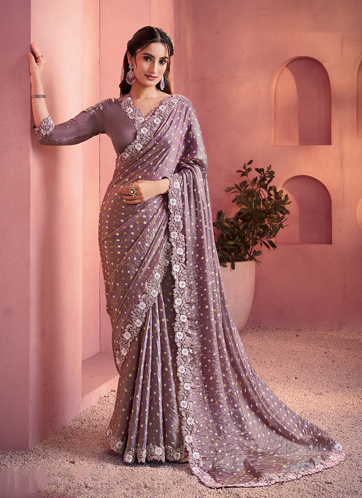 Dusty Lavender Embroidery Satin Silk Saree