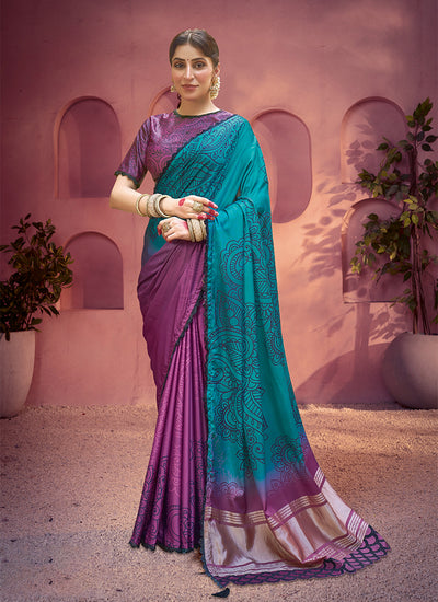 Teal and Purple Embroidery Gajji Silk Saree