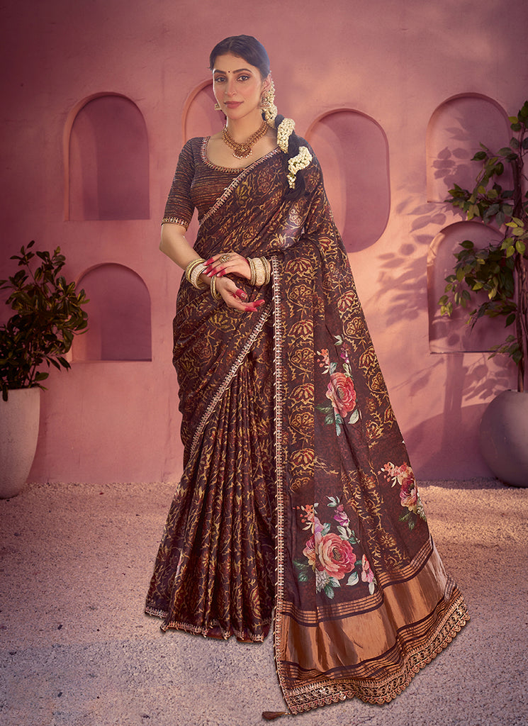 Brown Gota Embroidery Gajji Silk Saree