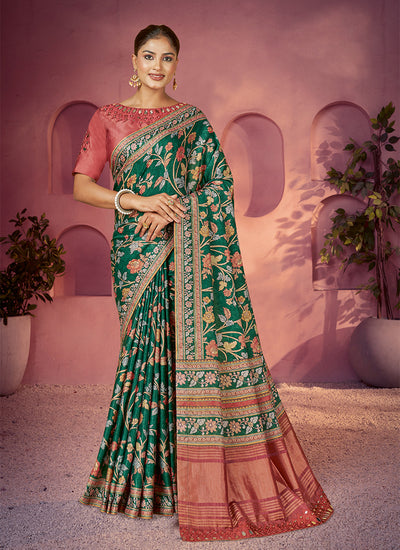 Green Mirror Work Embroidery Gajji Silk Saree