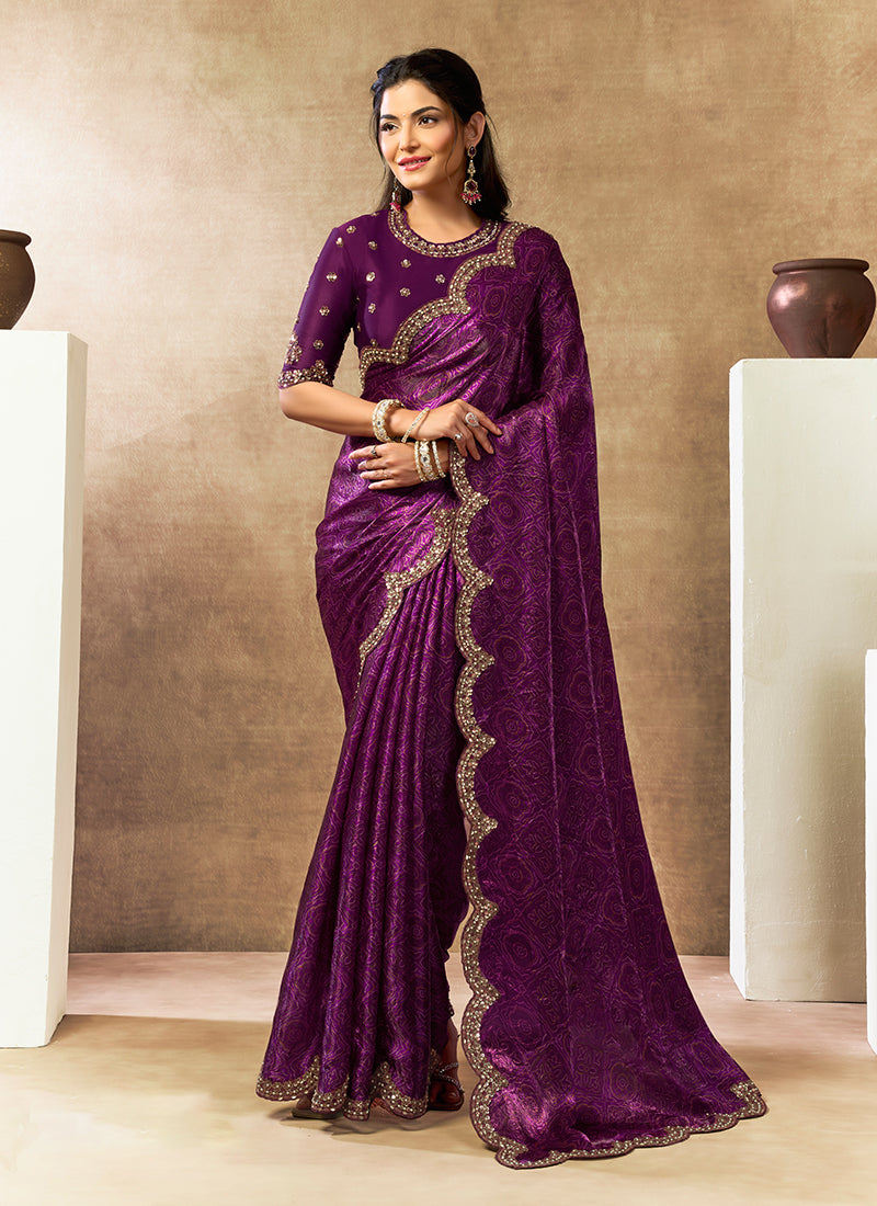 Violet Embroidered Satin Silk Saree