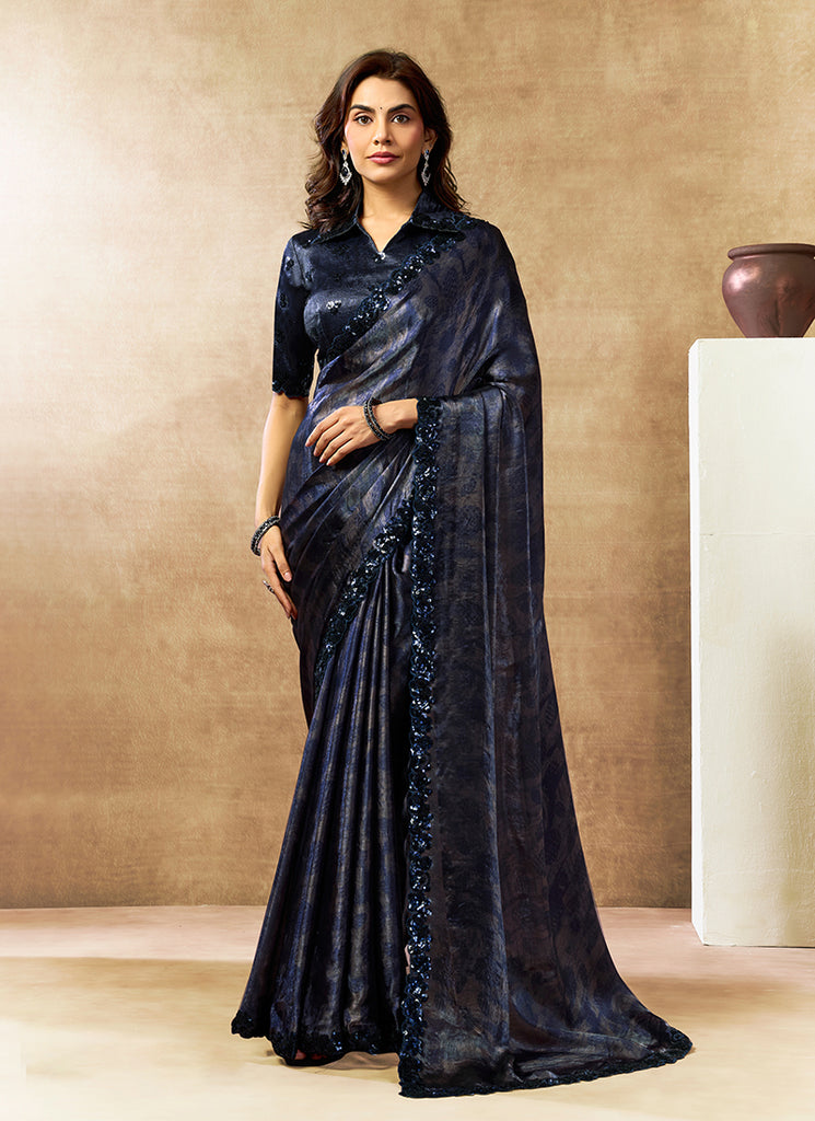 Navy Blue Embroidered Satin Silk Saree