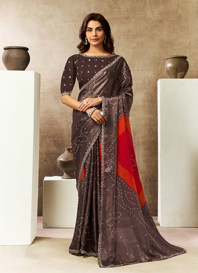 Majestic Brown Embroidered Satin Silk Saree