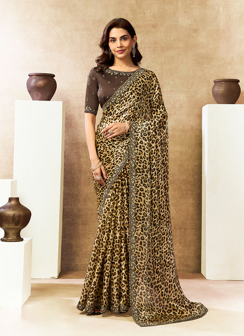 Yellow And Brown Embroidered Satin Silk Saree