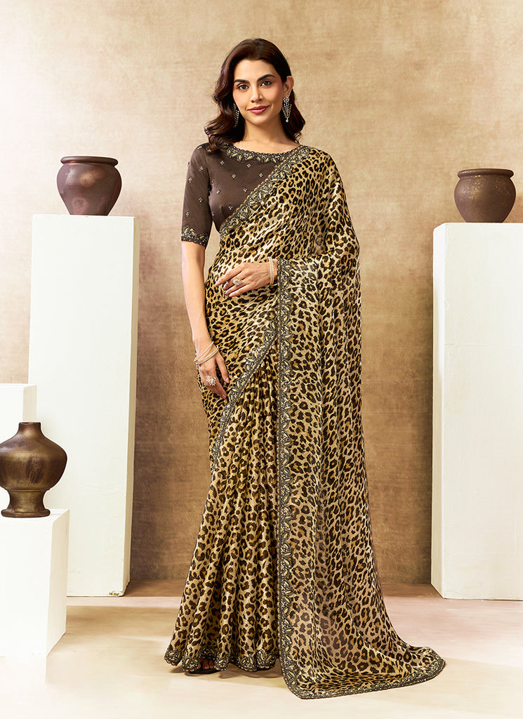 Yellow And Brown Embroidered Satin Silk Saree