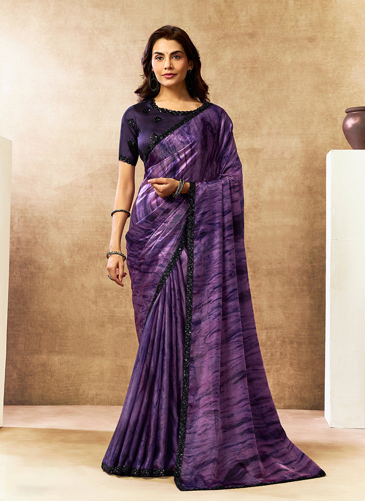 Purple Embroidered Satin Silk Saree