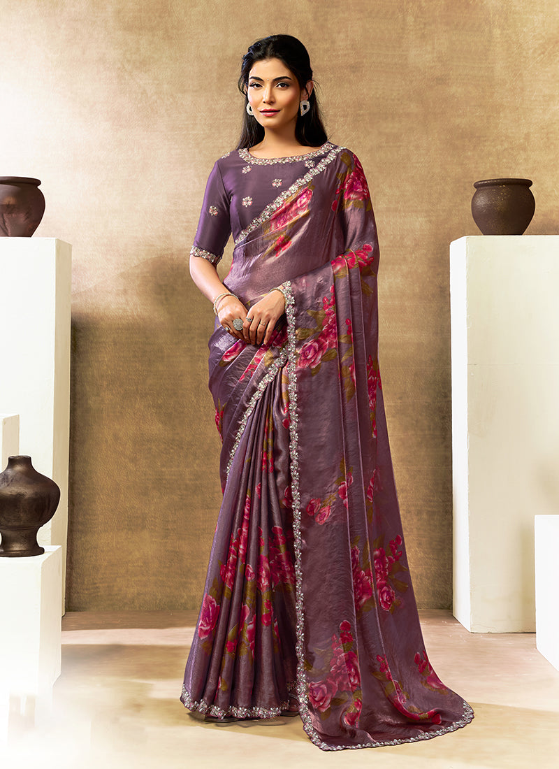Dusty Mauve Embroidered Satin Silk Saree