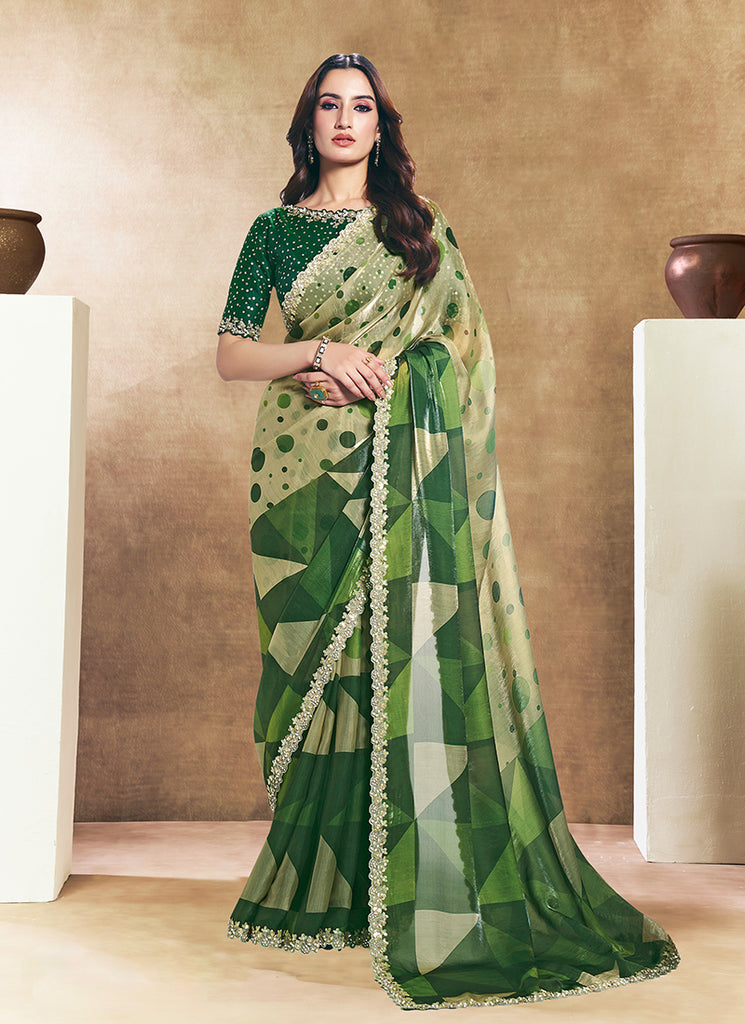 Green Embroidered Satin Silk Saree