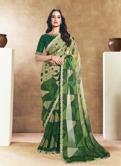 Green Embroidered Satin Silk Saree