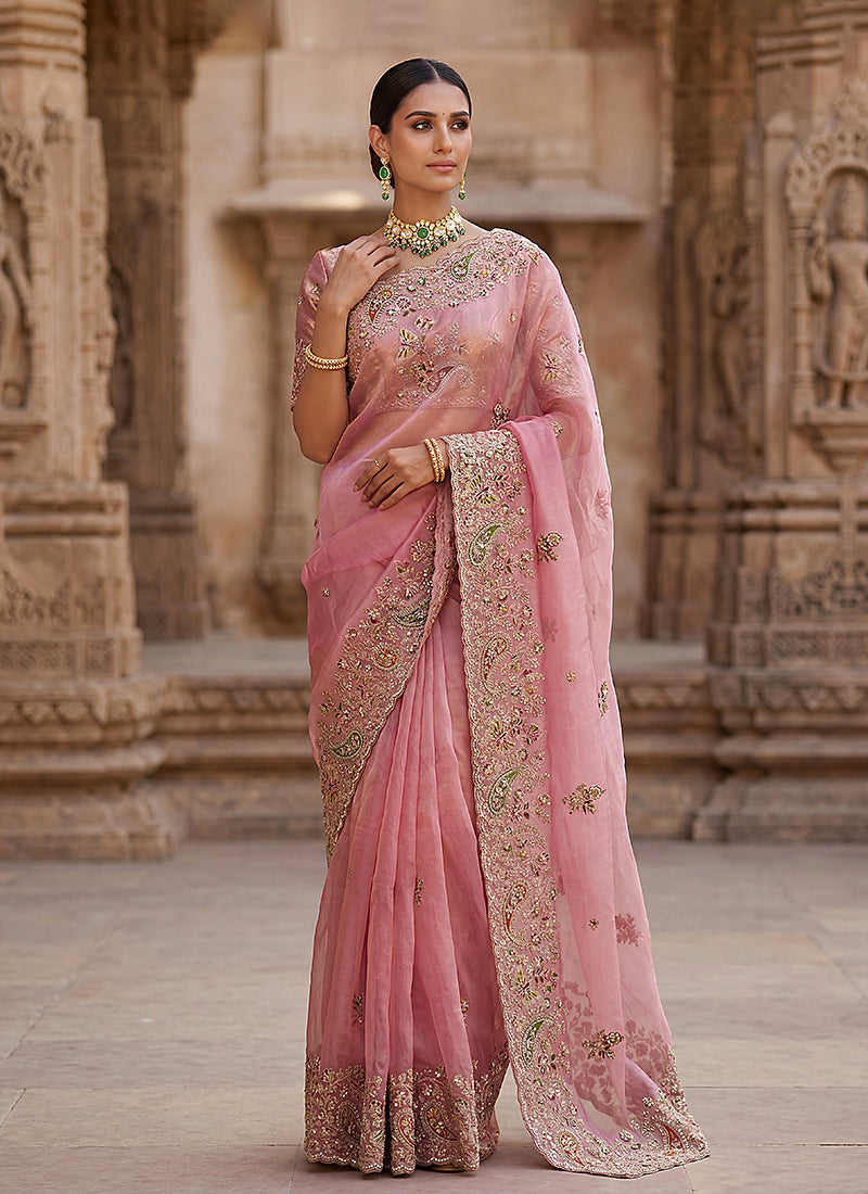 Rose Pink Embroidered Wedding Silk Saree