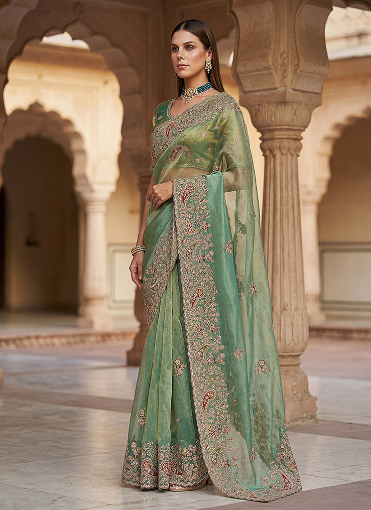 Buy Sea Green Mehendi Saree In UK