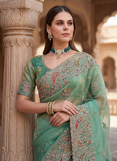Sea Green Embroidered Wedding Silk Saree