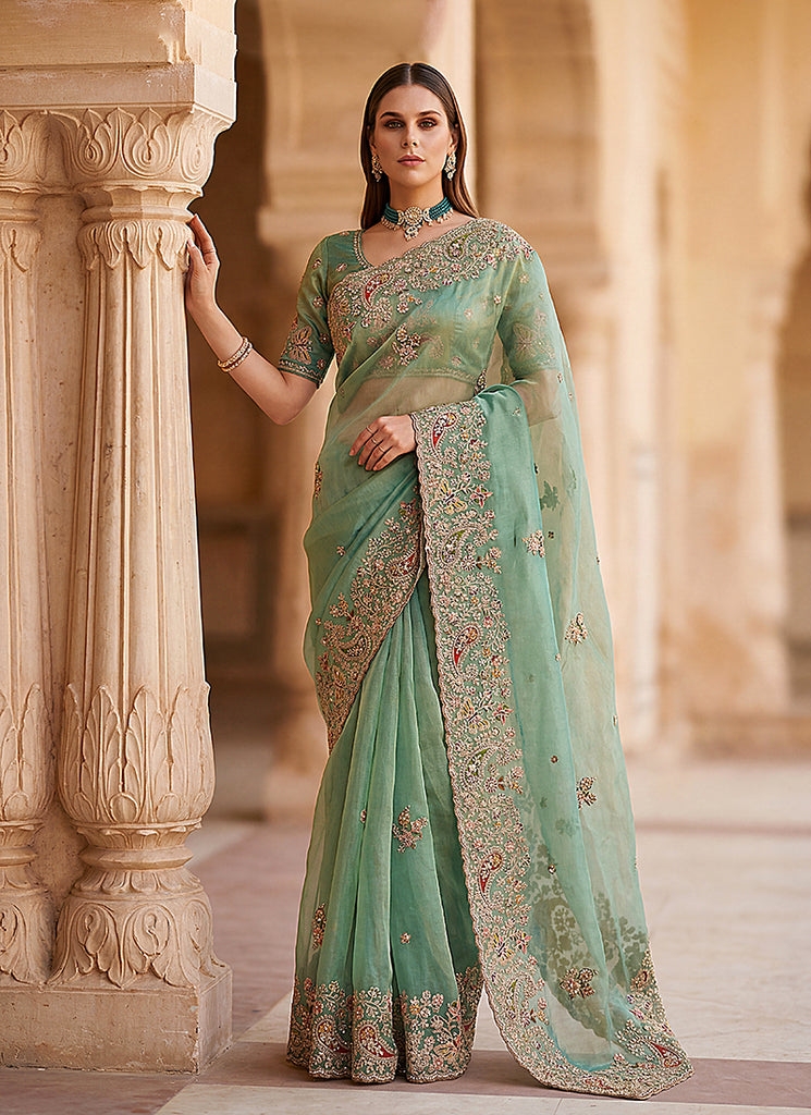 Sea Green Embroidered Wedding Silk Saree