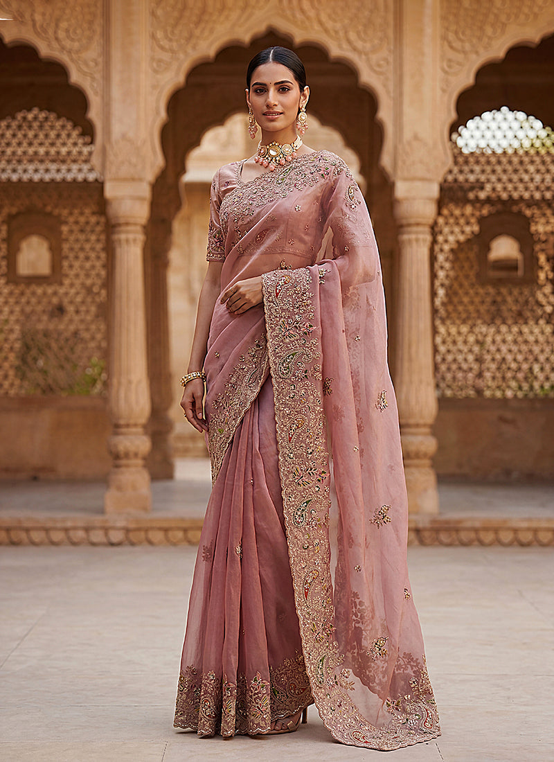 Blush Pink Embroidered Wedding Silk Saree