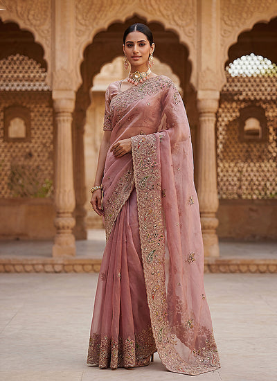 Blush Pink Embroidered Wedding Silk Saree