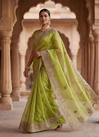 Lime Green Embroidered Wedding Silk Saree