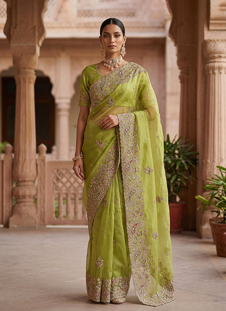 Lime Green Embroidered Wedding Silk Saree