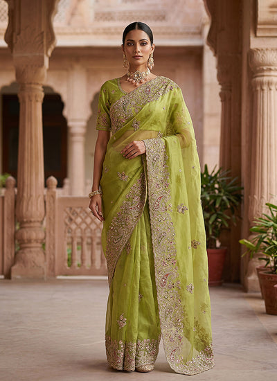 Lime Green Embroidered Wedding Silk Saree