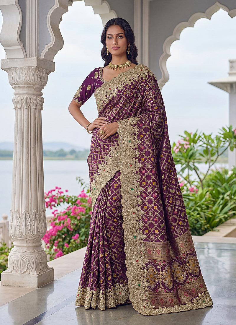 Purple Traditional Embroidered Banarasi Silk Saree