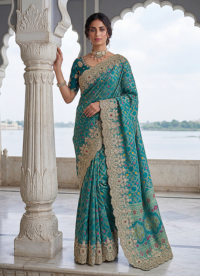 Turquoise Traditional Embroidered Banarasi Silk Saree