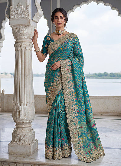 Turquoise Traditional Embroidered Banarasi Silk Saree