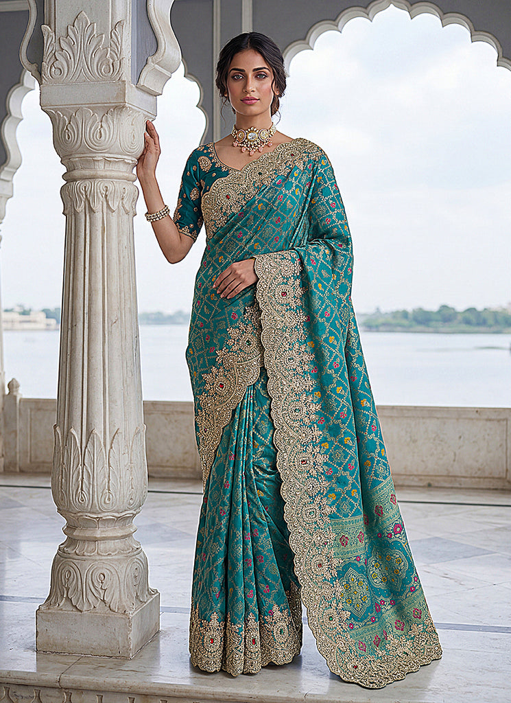 Turquoise Traditional Embroidered Banarasi Silk Saree