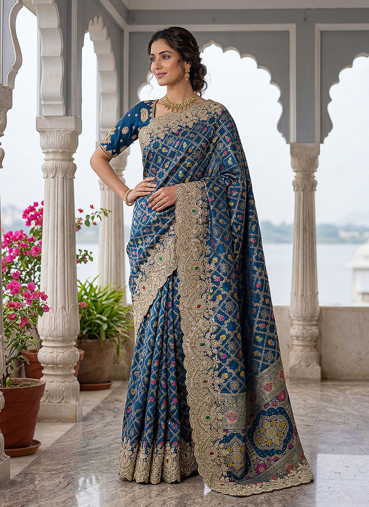 Royal Blue Traditional Embroidered Banarasi Silk Saree