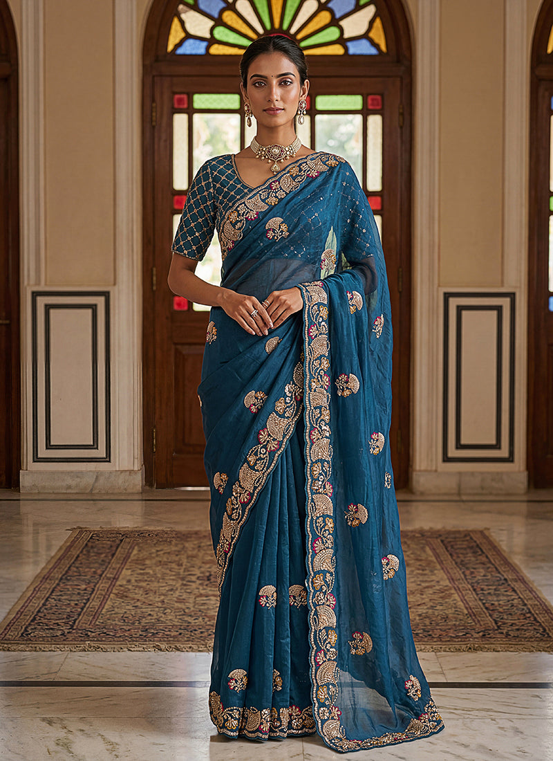 Dark Blue Traditional Embroidered Chiffon Silk Saree