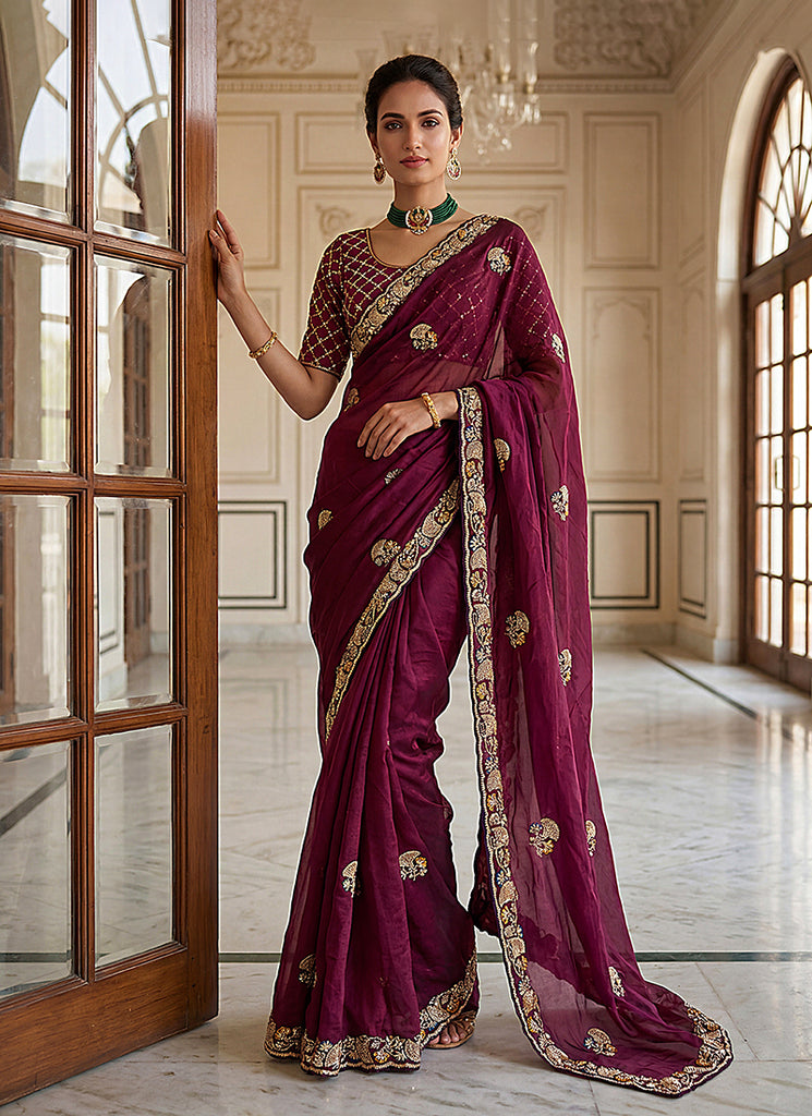 Buy Wine Chiffon Saree In Canada
