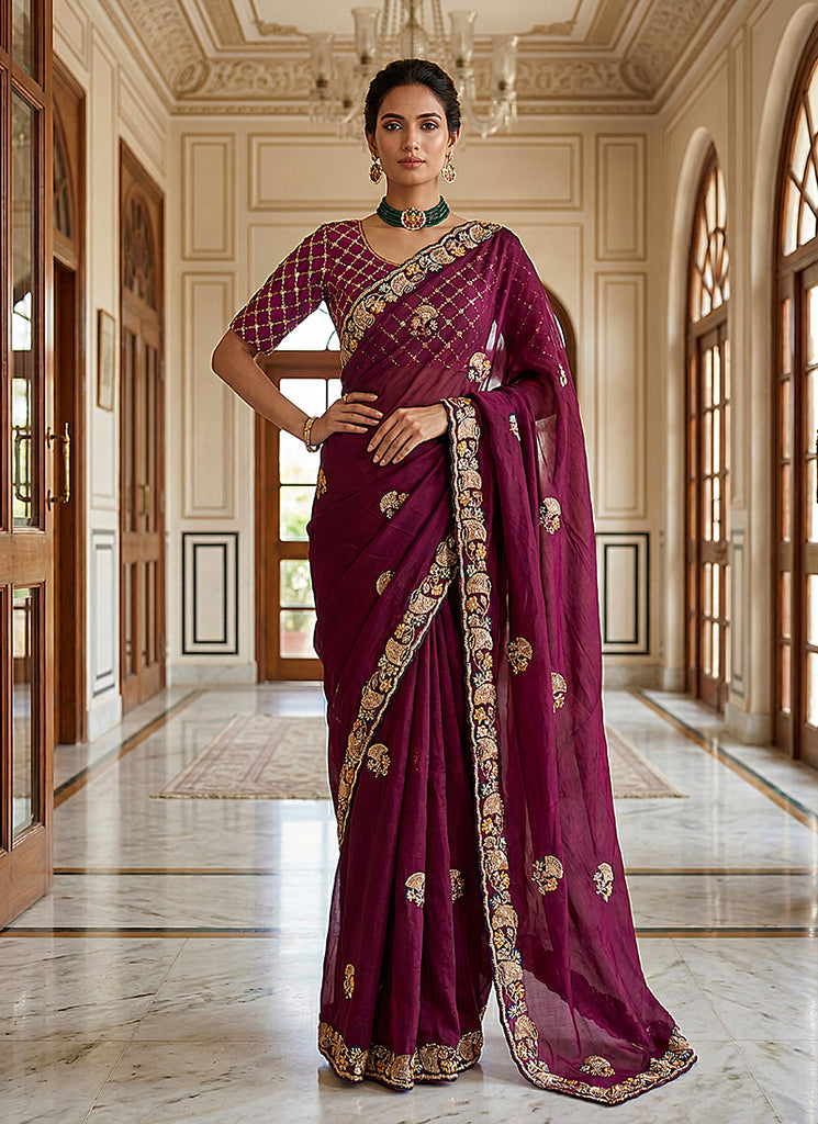 Wine Traditional Embroidered Chiffon Silk Saree