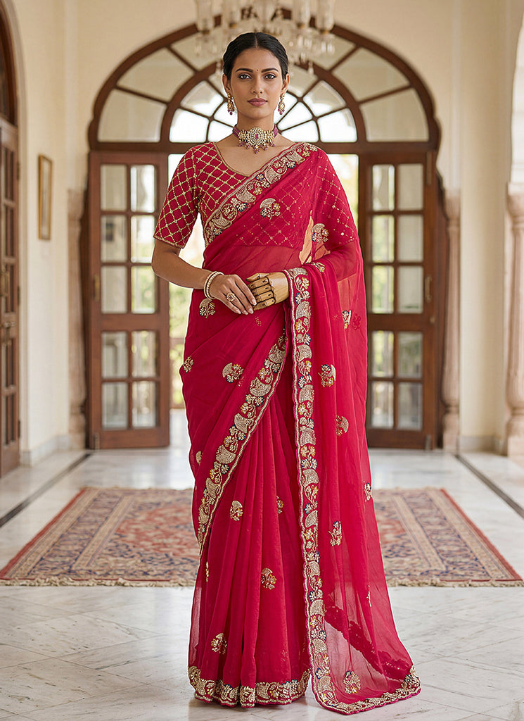 Red Traditional Embroidered Chiffon Silk Saree