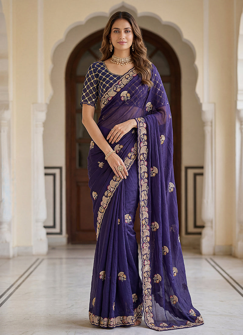 Royal Purple Traditional Embroidered Chiffon Silk Saree