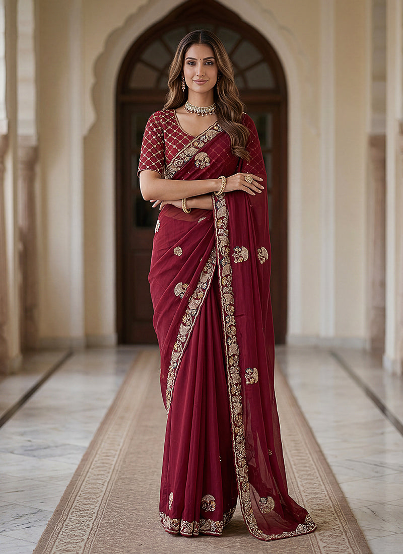 Maroon Traditional Embroidered Chiffon Silk Saree