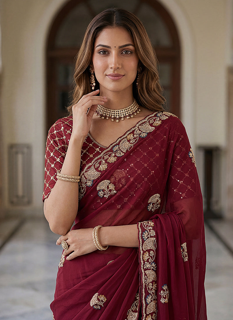 Buy Maroon Festive Saree In Canada