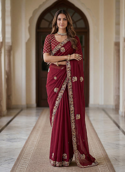 Maroon Traditional Embroidered Chiffon Silk Saree