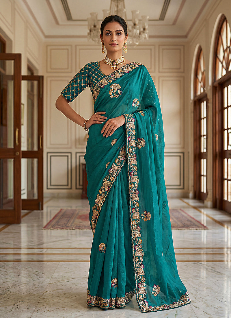 Teal Traditional Embroidered Chiffon Silk Saree