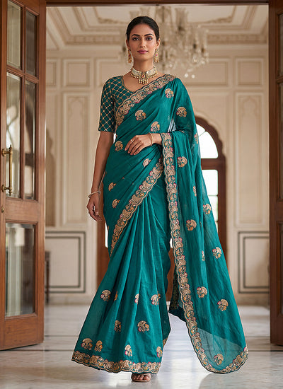 Teal Traditional Embroidered Chiffon Silk Saree