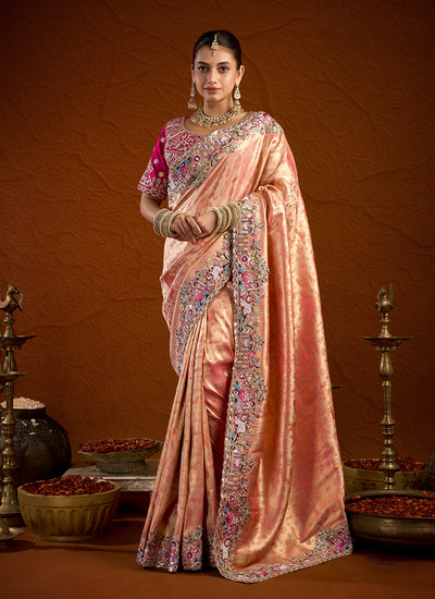 Peach Multi Embroidery Bridal Saree with Pink Blouse
