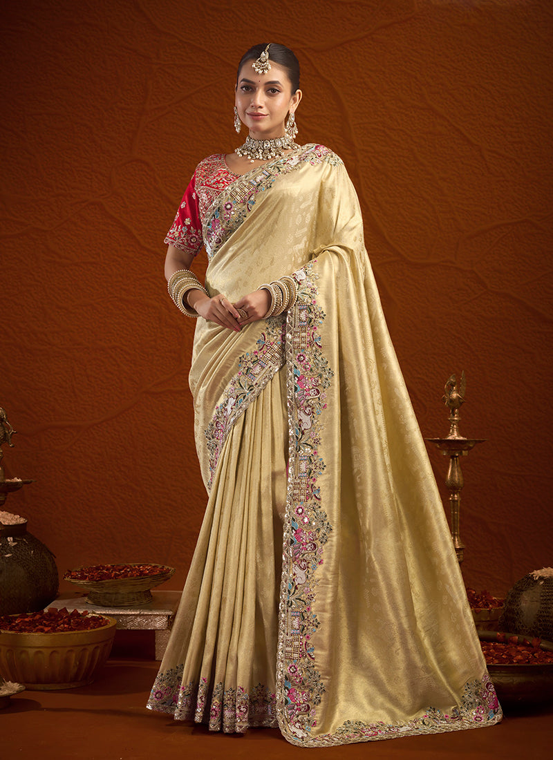 Yellow Multi Embroidery Bridal Saree with Red Blouse