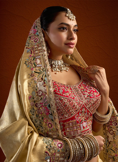 Yellow Multi Embroidery Bridal Saree with Red Blouse