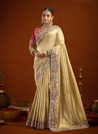 Yellow Multi Embroidery Bridal Saree with Red Blouse