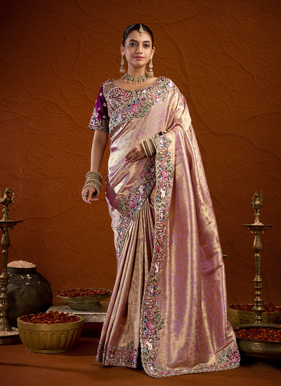 Pink Multi Embroidery Bridal Saree with Purple Blouse