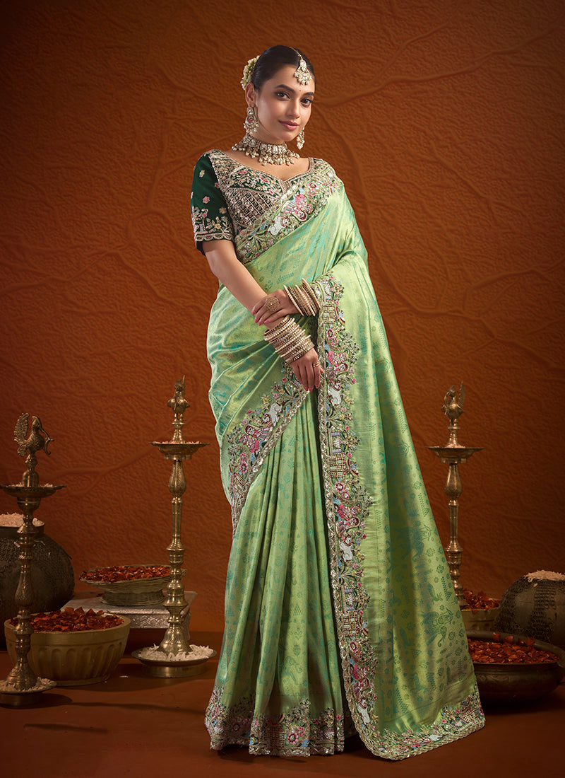 Green Multi Embroidery Bridal Saree