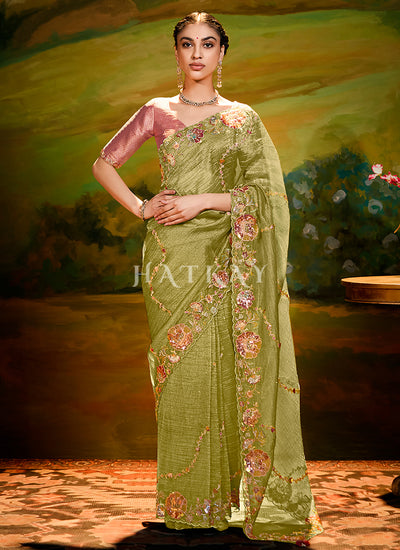 Green And Pink Embroidery Wedding Silk Saree