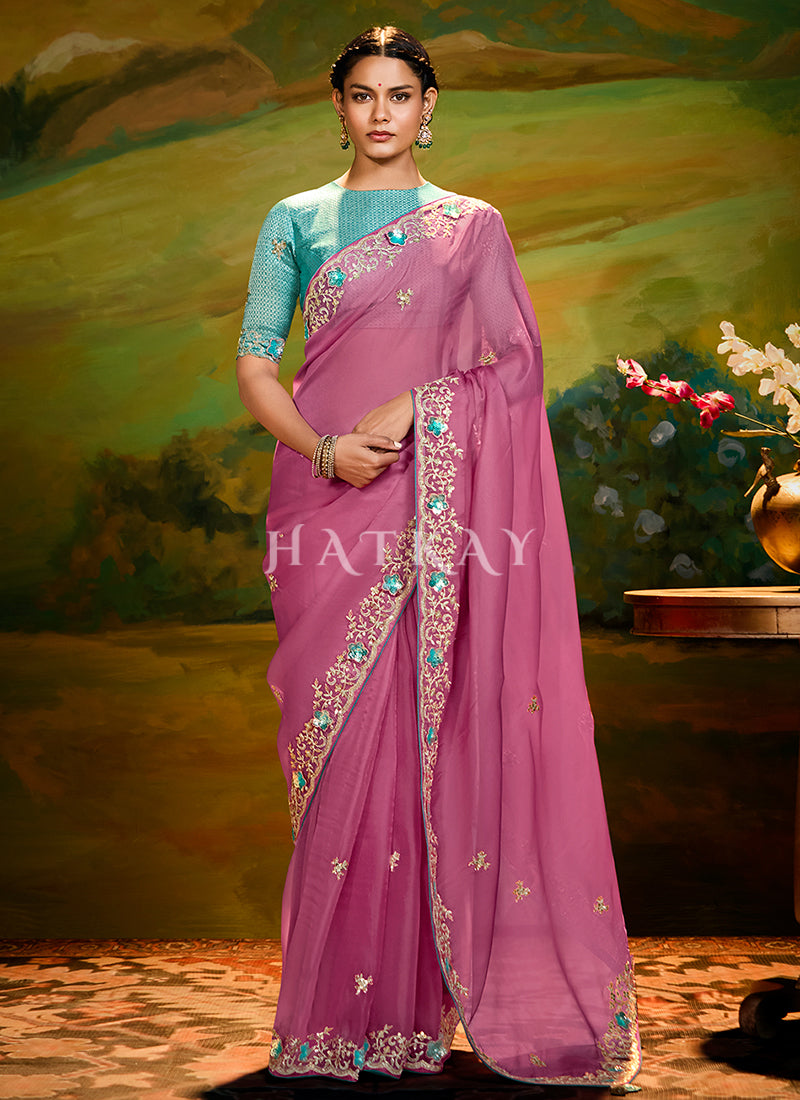 Pink And Blue Embroidery Wedding Silk Saree